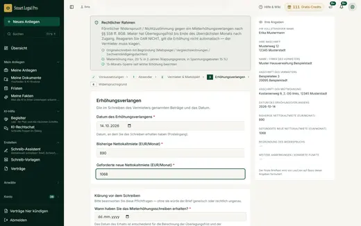 Schritt 3 des Schreiben-Assistenten: Datum, bisherige und geforderte Miete, rechts die Liste aller Angaben (Beispieldaten).