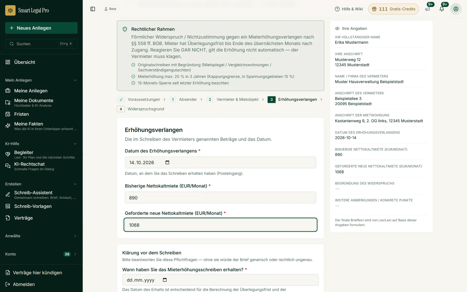 Schritt 3 des Schreiben-Assistenten: Datum, bisherige und geforderte Miete, rechts die Liste aller Angaben (Beispieldaten).