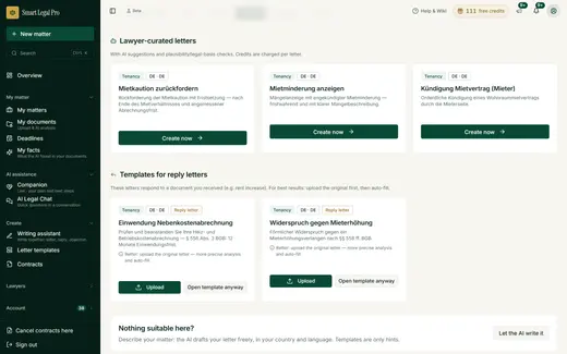 The letter catalog for rental questions: templates to create directly and reply letters, plus the route to free writing.