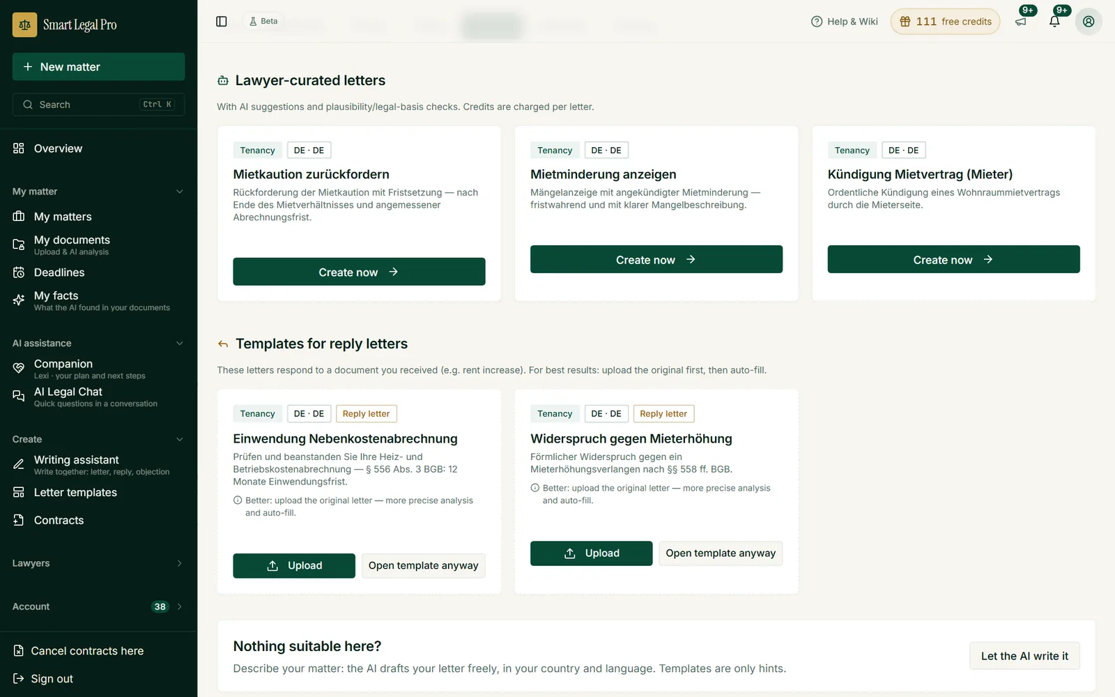 The letter catalog for rental questions: templates to create directly and reply letters, plus the route to free writing.