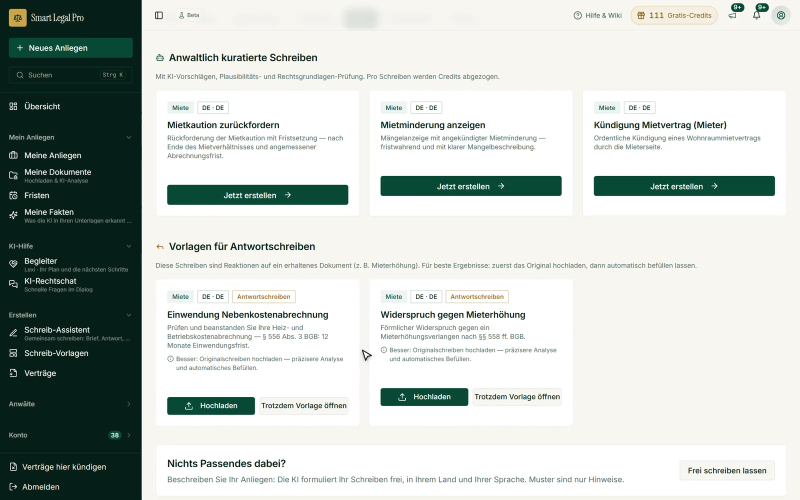 Der Schreiben-Katalog bei Mietfragen: Vorlagen zum direkten Erstellen und Antwortschreiben, dazu der Weg zum freien Schreiben.