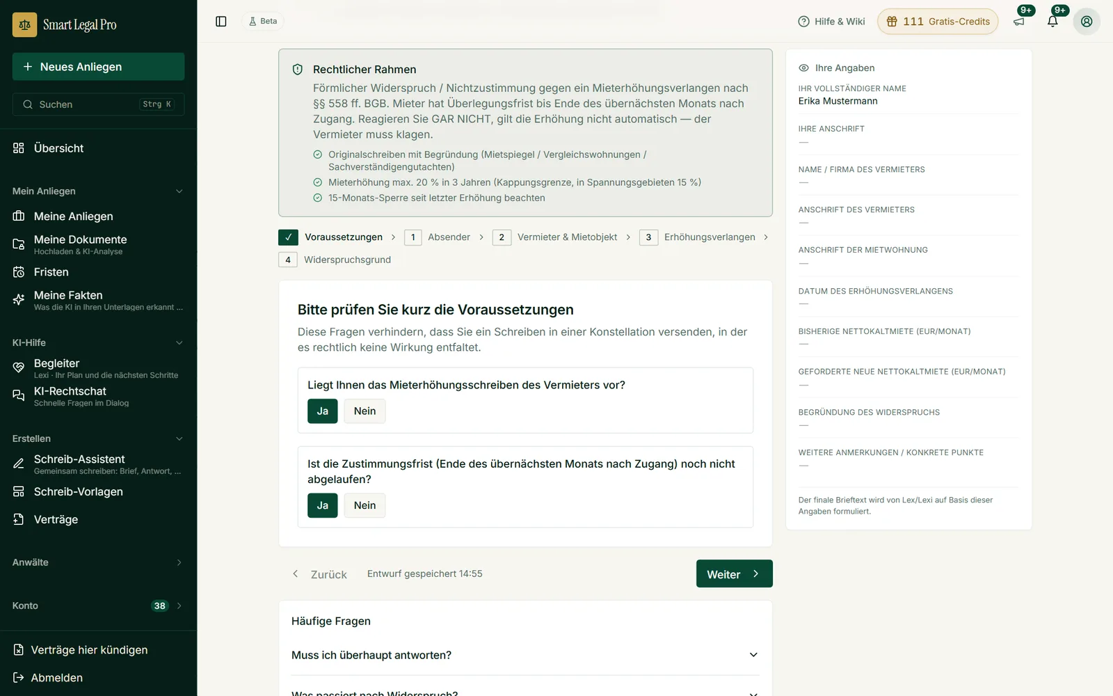 Vor dem Widerspruch gegen eine Mieterhöhung klärt der Assistent per Ja/Nein, ob das Schreiben Wirkung entfalten kann.