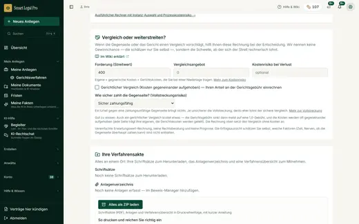 Schriftsätze, Anlagenverzeichnis und Verfahrensübersicht lassen sich als ZIP laden oder drucken, mit Anleitung.