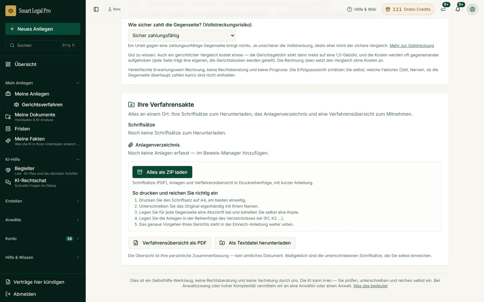 Schriftsätze, Anlagenverzeichnis und Verfahrensübersicht lassen sich als ZIP laden oder drucken, mit Anleitung.