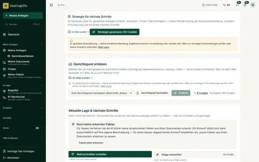 Upload a letter from the court and have it explained in plain language, or summarise the strategy across facts, analyses and deadlines: both actions name their price before you click.