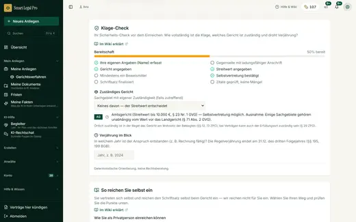 Der Klage-Check zeigt in Prozent, wie weit die Klage vorbereitet ist, was fehlt und welches Gericht zuständig sein dürfte.