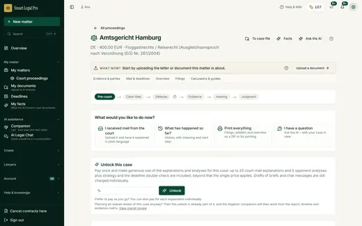 The proceedings file of a small civil case (example: passenger rights) with step bar, quick actions and tabs.