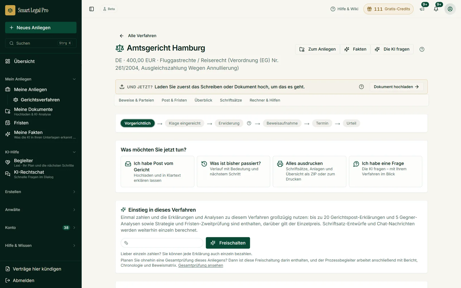 Die Verfahrensakte eines kleinen Zivilverfahrens (Beispiel Fluggastrechte) mit Stufenleiste, Schnellaktionen und Registern.