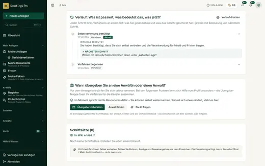 Every step of the proceedings in one place, with its meaning in plain language and the next step. Below it, the hand-over question: when is a lawyer worth it, and what goes into the file?