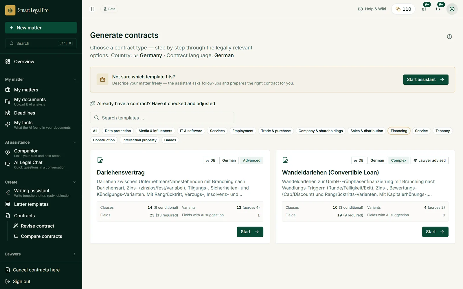 One click on the topic filter “Financing” reduces the contract catalog to loan agreement and convertible loan.