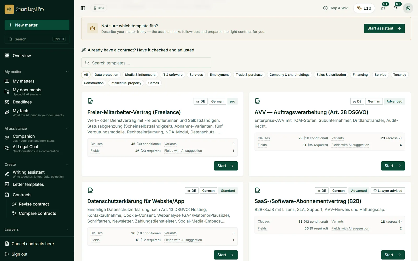 The contract catalog shows scope and level for each contract type, offers search and topic filters and has an assistant for anyone who is unsure.