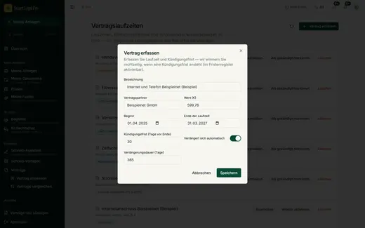 Wenige Angaben genügen: Bezeichnung, Vertragspartner, Wert, Beginn, Ende, Kündigungsfrist und ob sich der Vertrag automatisch verlängert. Daraus berechnet die App das späteste Kündigungsdatum.