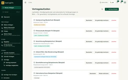 All your own contracts with term and notice window in one list, sorted by urgency: what needs to be cancelled soon is on top, automatic renewals and expired contracts are marked. (Fictitious sample contracts.)