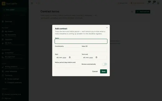The “Record contract” dialog captures term, notice period and automatic renewal of your own contracts.
