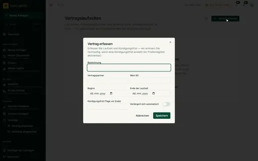 Der Dialog „Vertrag erfassen“ nimmt Laufzeit, Kündigungsfrist und automatische Verlängerung eigener Verträge auf.