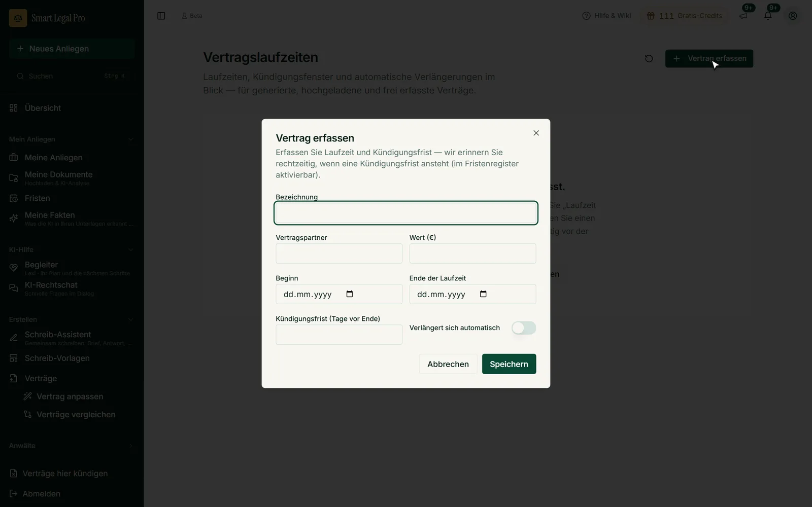 Der Dialog „Vertrag erfassen“ nimmt Laufzeit, Kündigungsfrist und automatische Verlängerung eigener Verträge auf.