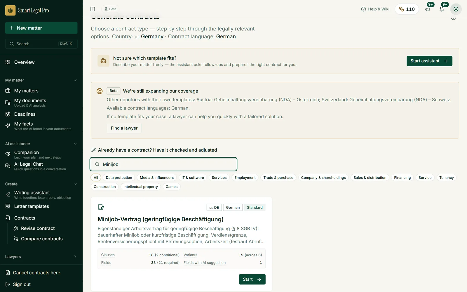 The search in the contract catalog filters as you type, here with the search word “Minijob” for the minijob contract.