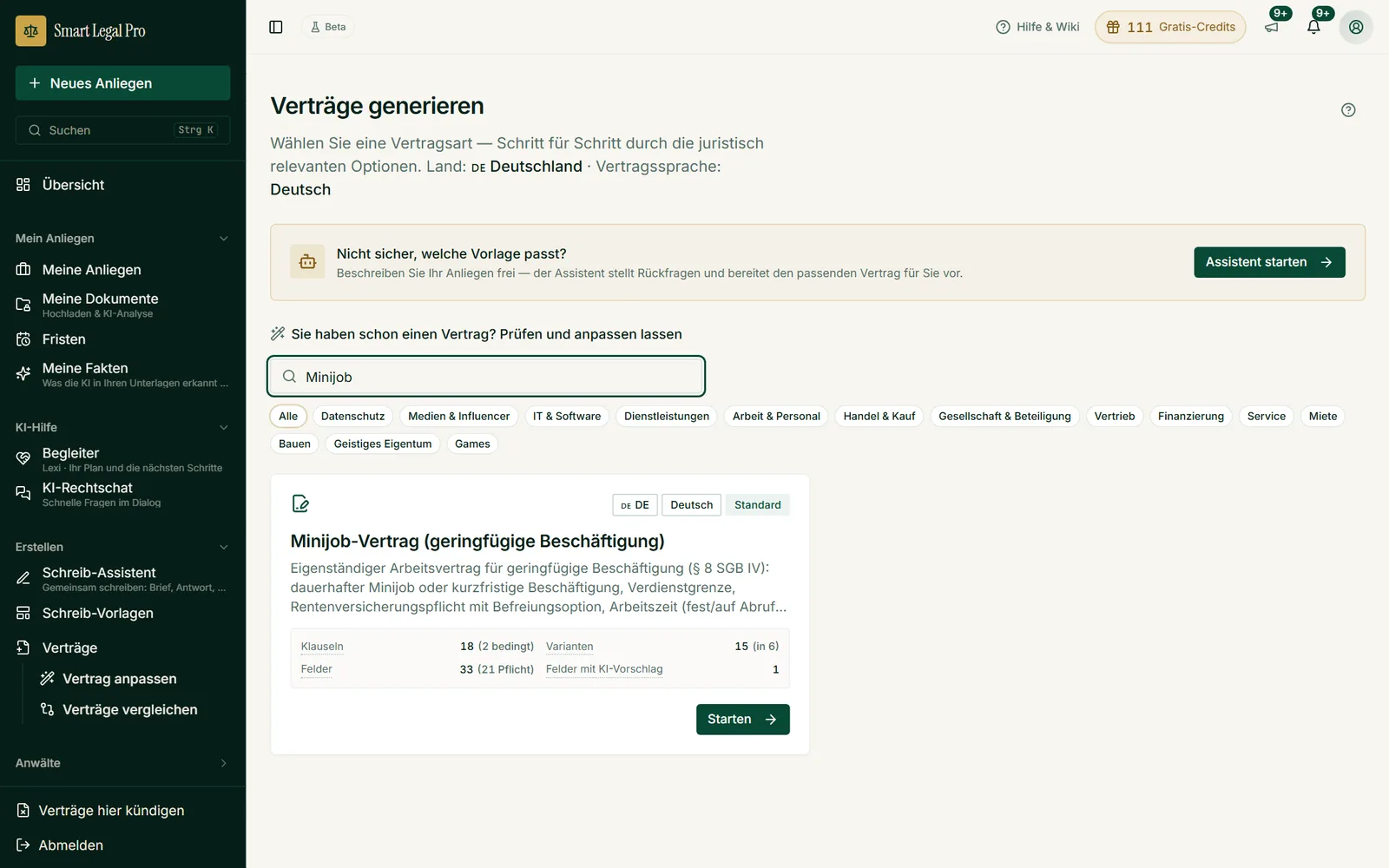 Die Suche im Vertragskatalog filtert beim Tippen, hier mit dem Suchwort „Minijob“ nach dem Minijob-Vertrag.
