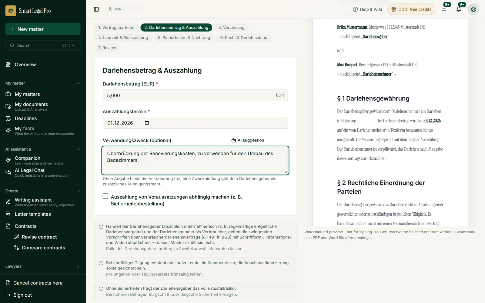 Step 2 of the contract assistant: amount, payout date and optional purpose, with notes on the consequences.