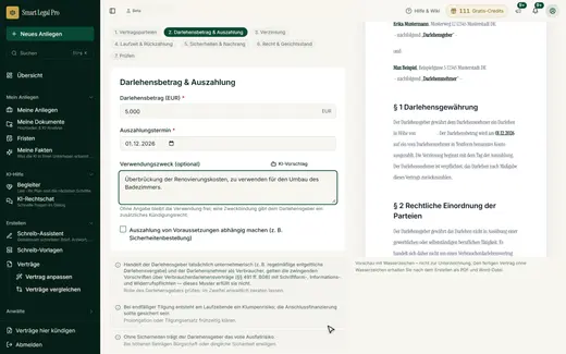 Schritt 2 des Vertrags-Assistenten: Betrag, Auszahlungstermin und optionaler Verwendungszweck, mit Hinweisen zu den Folgen.