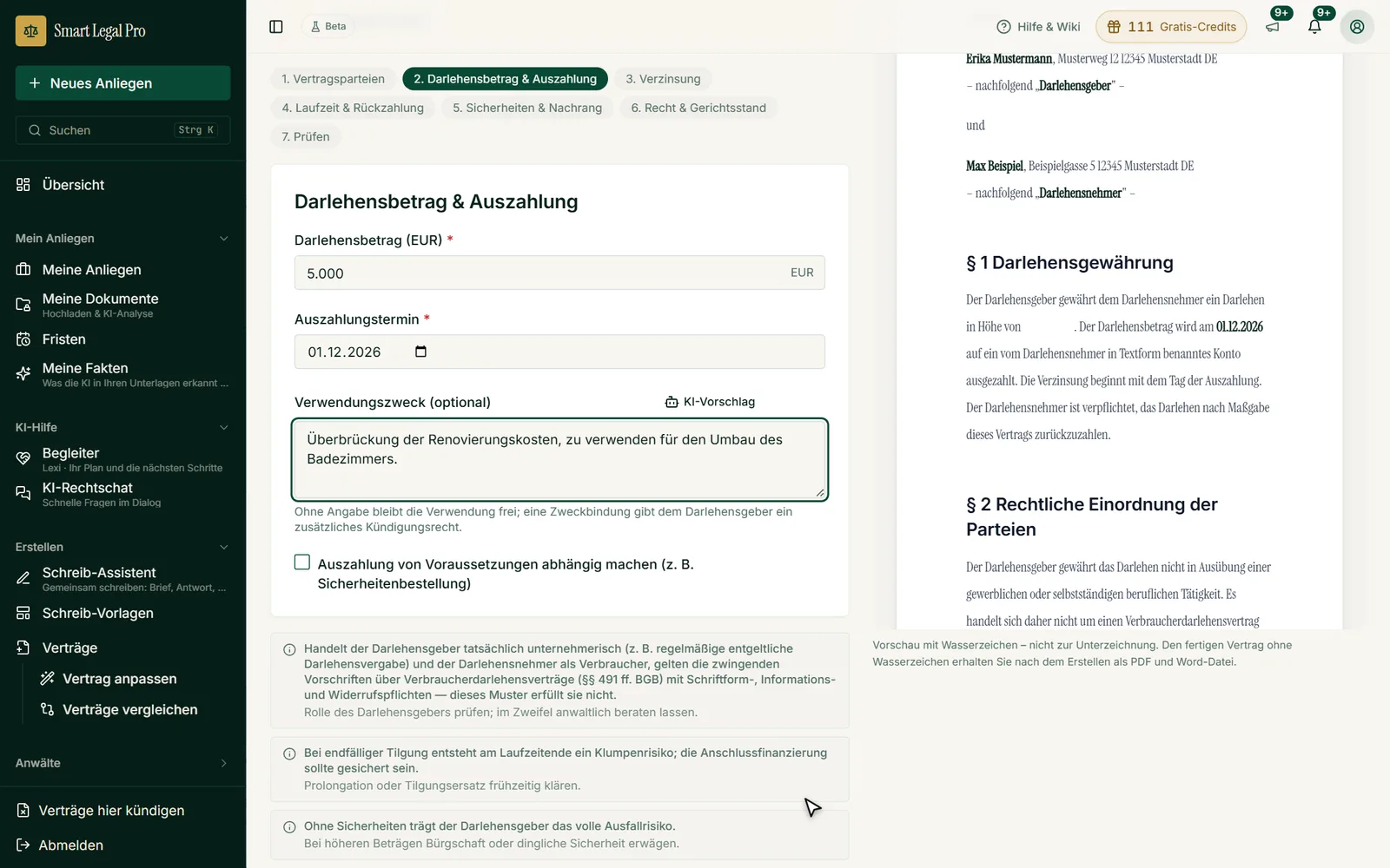 Schritt 2 des Vertrags-Assistenten: Betrag, Auszahlungstermin und optionaler Verwendungszweck, mit Hinweisen zu den Folgen.