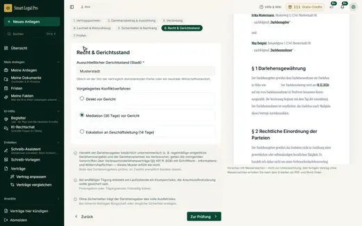 Schritt 6 des Vertrags-Assistenten: Gerichtsstand eintragen und ein vorgelagertes Konfliktverfahren auswählen.