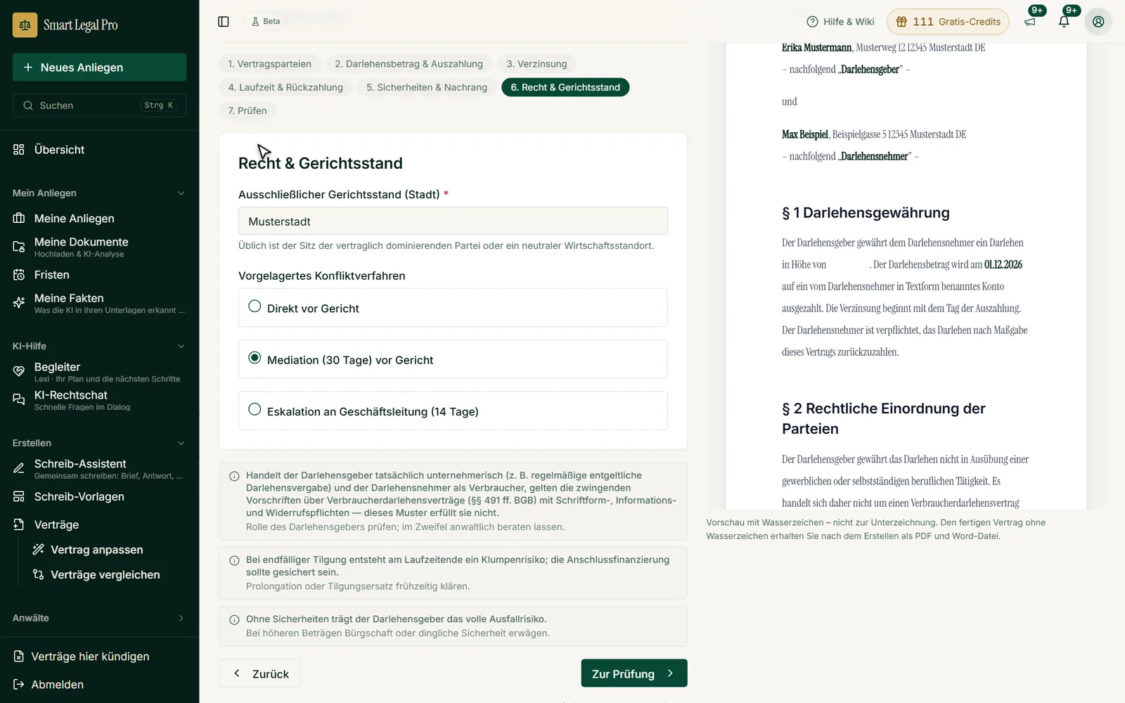 Schritt 6 des Vertrags-Assistenten: Gerichtsstand eintragen und ein vorgelagertes Konfliktverfahren auswählen.