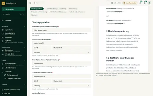 Step 1 of the loan agreement: lender and borrower with address; the preview on the right takes over the details.