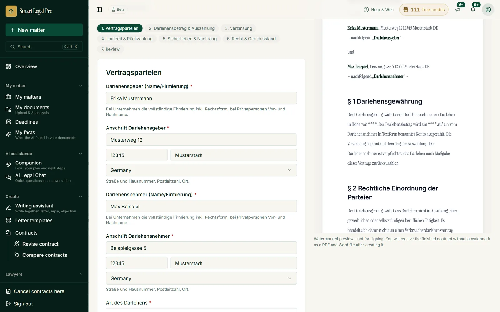 Step 1 of the loan agreement: lender and borrower with address; the preview on the right takes over the details.