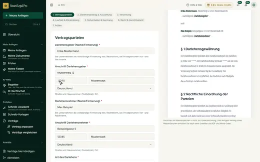 Schritt 1 des Darlehensvertrags: Darlehensgeber und Darlehensnehmer mit Anschrift, die Vorschau rechts übernimmt die Angaben.