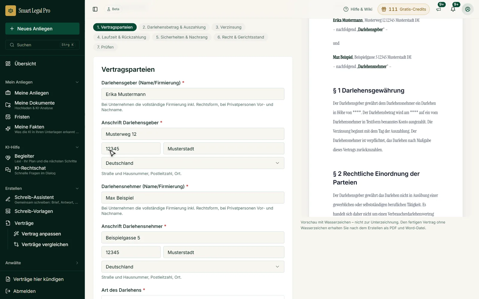 Schritt 1 des Darlehensvertrags: Darlehensgeber und Darlehensnehmer mit Anschrift, die Vorschau rechts übernimmt die Angaben.
