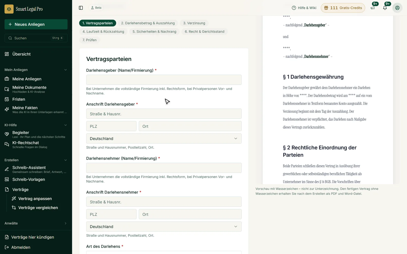 Der Vertrags-Assistent führt in sieben Schritten durch die Angaben, rechts wächst die Vorschau des Vertrags mit.