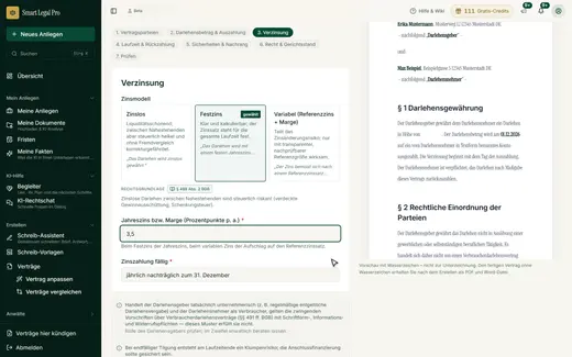 Schritt 3 des Vertrags-Assistenten: Zinsmodell wählen, Jahreszins und Zahlungstermin angeben, Hinweise zeigen die Folgen.