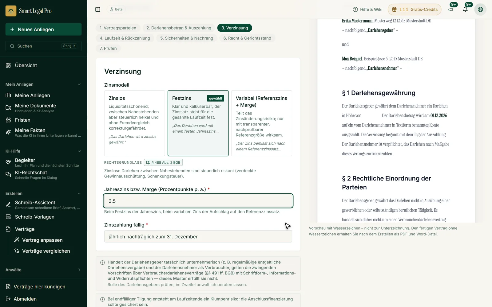 Schritt 3 des Vertrags-Assistenten: Zinsmodell wählen, Jahreszins und Zahlungstermin angeben, Hinweise zeigen die Folgen.