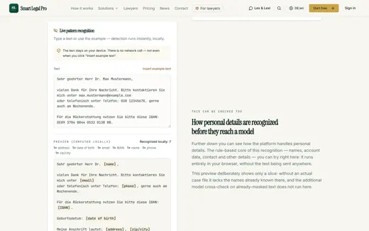 A sample text with personal data is detected locally in the browser and replaced by placeholders.