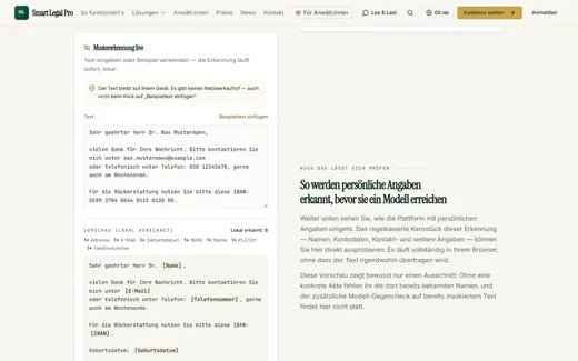 Ein Beispieltext mit Personendaten wird lokal im Browser erkannt und durch Platzhalter ersetzt.