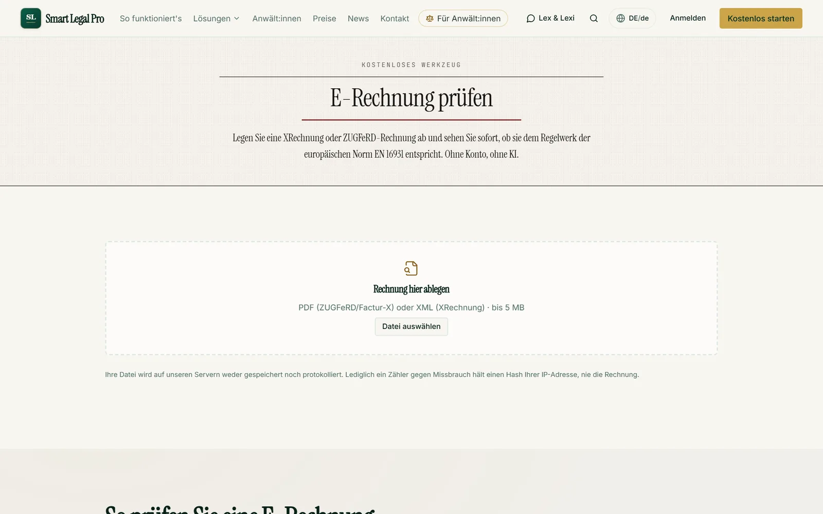 The drop area of the checking tool: drop XML (XRechnung) or PDF (ZUGFeRD/Factur-X), and the check against EN 16931 starts.
