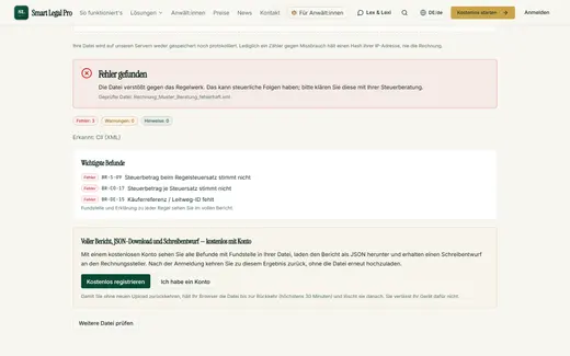 E-Rechnung geprüft: rote Ampel, drei Fehler mit Regel-ID und Klartext