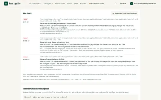 E-Rechnung: voller Bericht mit Fundstelle und „Was zu tun ist“ je Regel