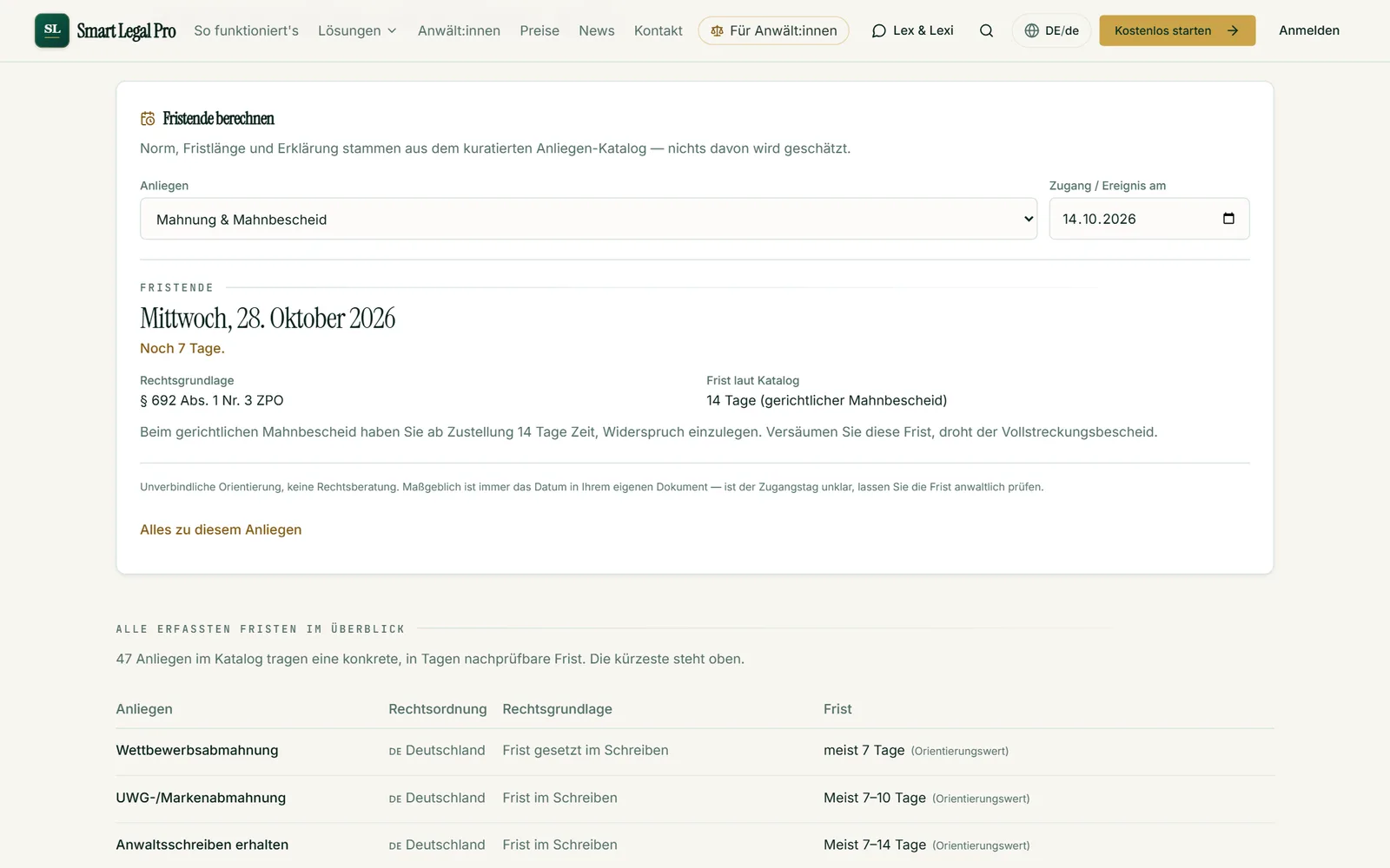 Chosen from the matter catalog: length of deadline, legal basis and deadline end from the entered date of receipt.