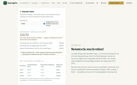 Kostenrisiko-Rechner: Gerichts- und Anwaltskosten bei Verlust (Beispiel)