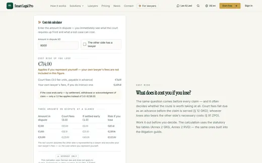 The tick “Other side has a lawyer” is removed: the breakdown shows only court costs.