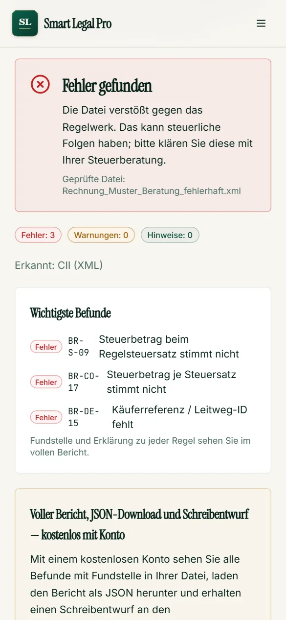 The checking tool for e-invoices on a small screen: read the red light and findings right on the phone.