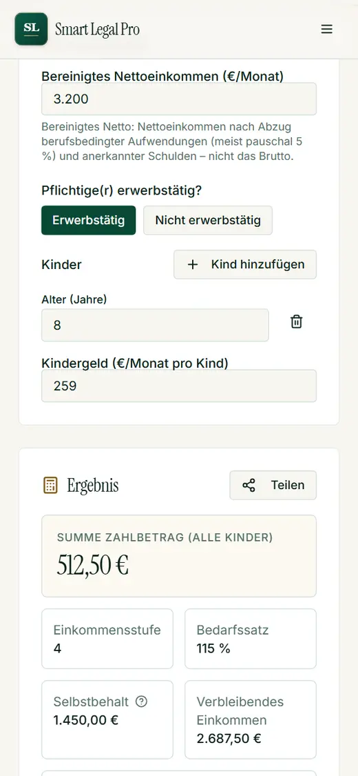 Enter net income and see the payment under the Düsseldorf Table on a small screen: income bracket, table amount and offsetting of child benefit.