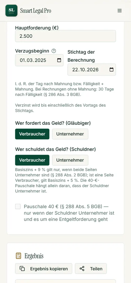 Enter the claim and the start of default: on the smartphone the calculator names the default interest based on the base rate and shows the calculation steps.