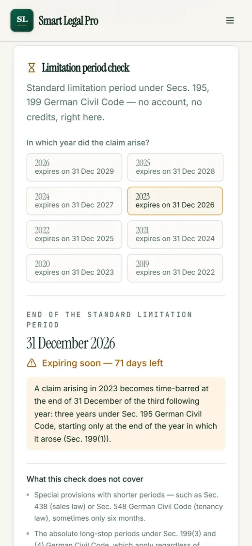 The limitation traffic light on a small screen: tap the year of origin, read expiry date and remaining time.