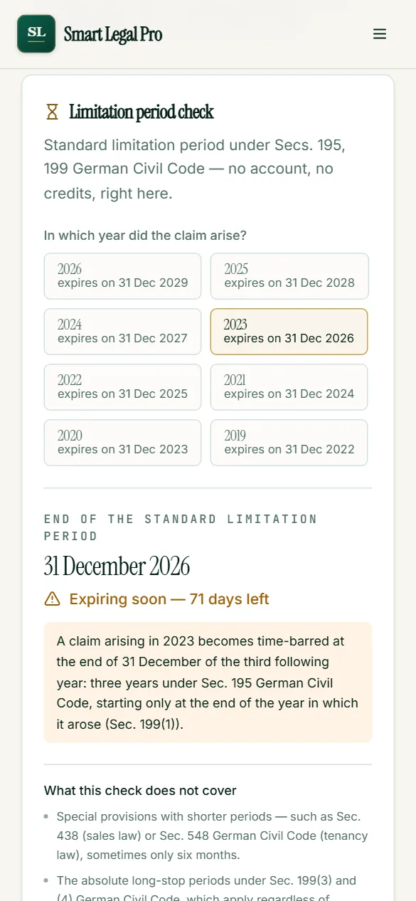 The limitation traffic light on a small screen: tap the year of origin, read expiry date and remaining time.