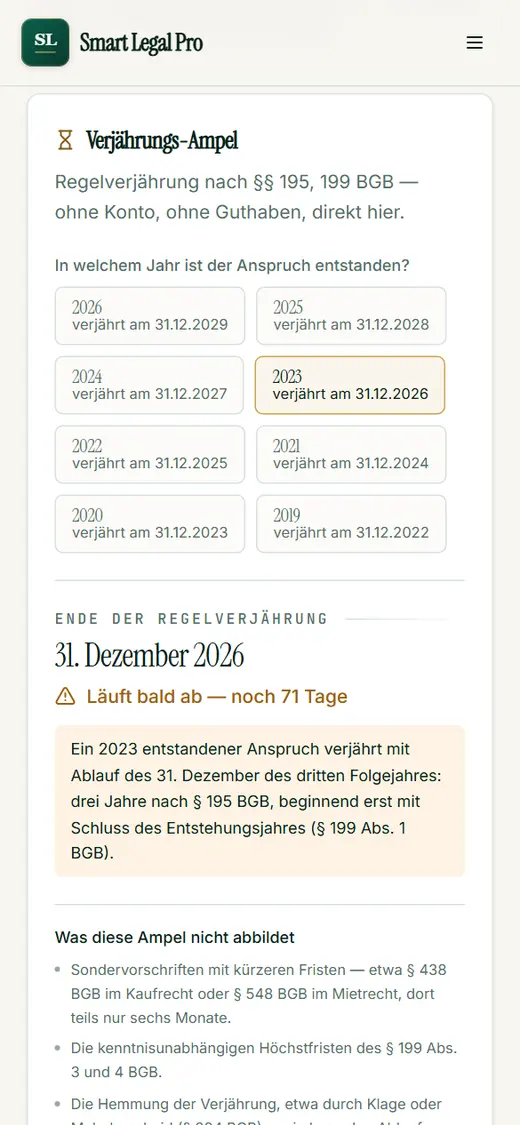 Die Verjährungs-Ampel auf kleinem Bildschirm: Entstehungsjahr antippen, Ablaufdatum und Restzeit ablesen.