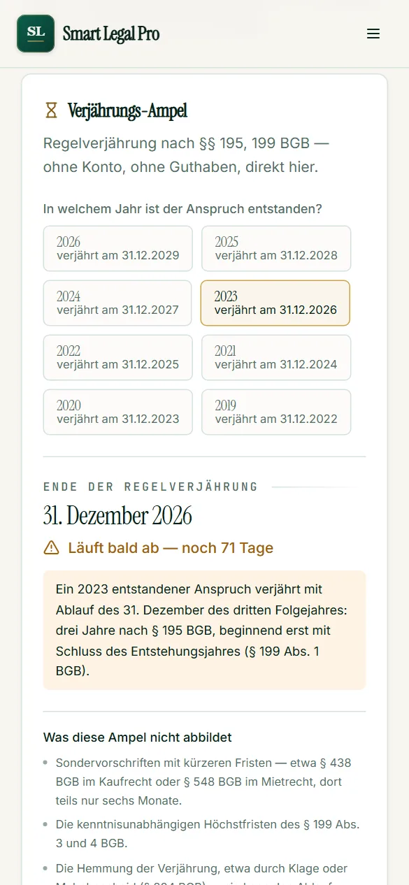 The limitation traffic light on a small screen: tap the year of origin, read expiry date and remaining time.