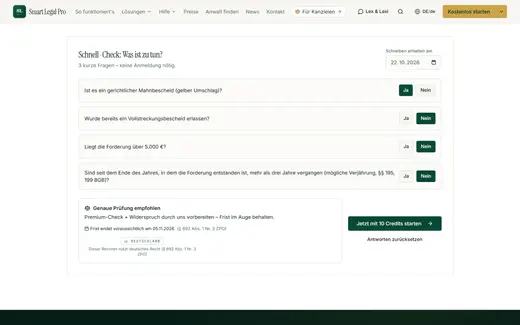 Four yes/no questions about the payment order (Mahnbescheid) produce a traffic light with a recommendation. A court payment order is yellow: prepare the objection and do not miss the 14-day period from service.